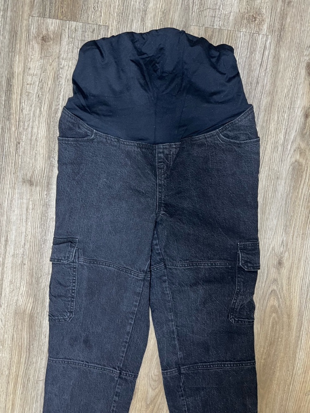 Black Maternity Cargo Jeans with Stretch Waistband - Picture 3 of 4